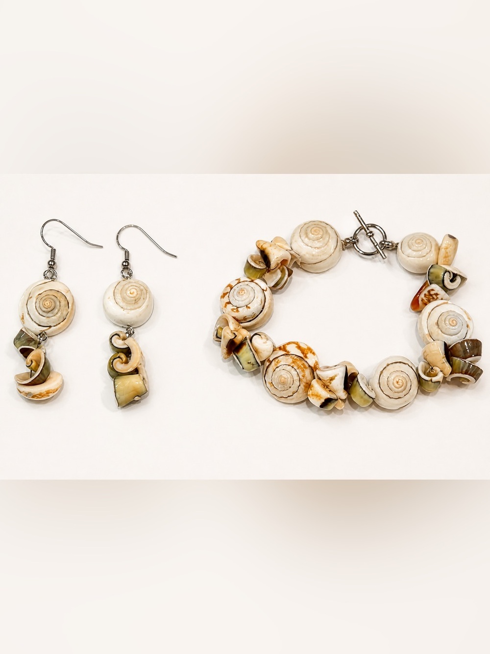Handmade Cat’s Eye Shell Bracelet & Drop Earrings Set - Natural Beige